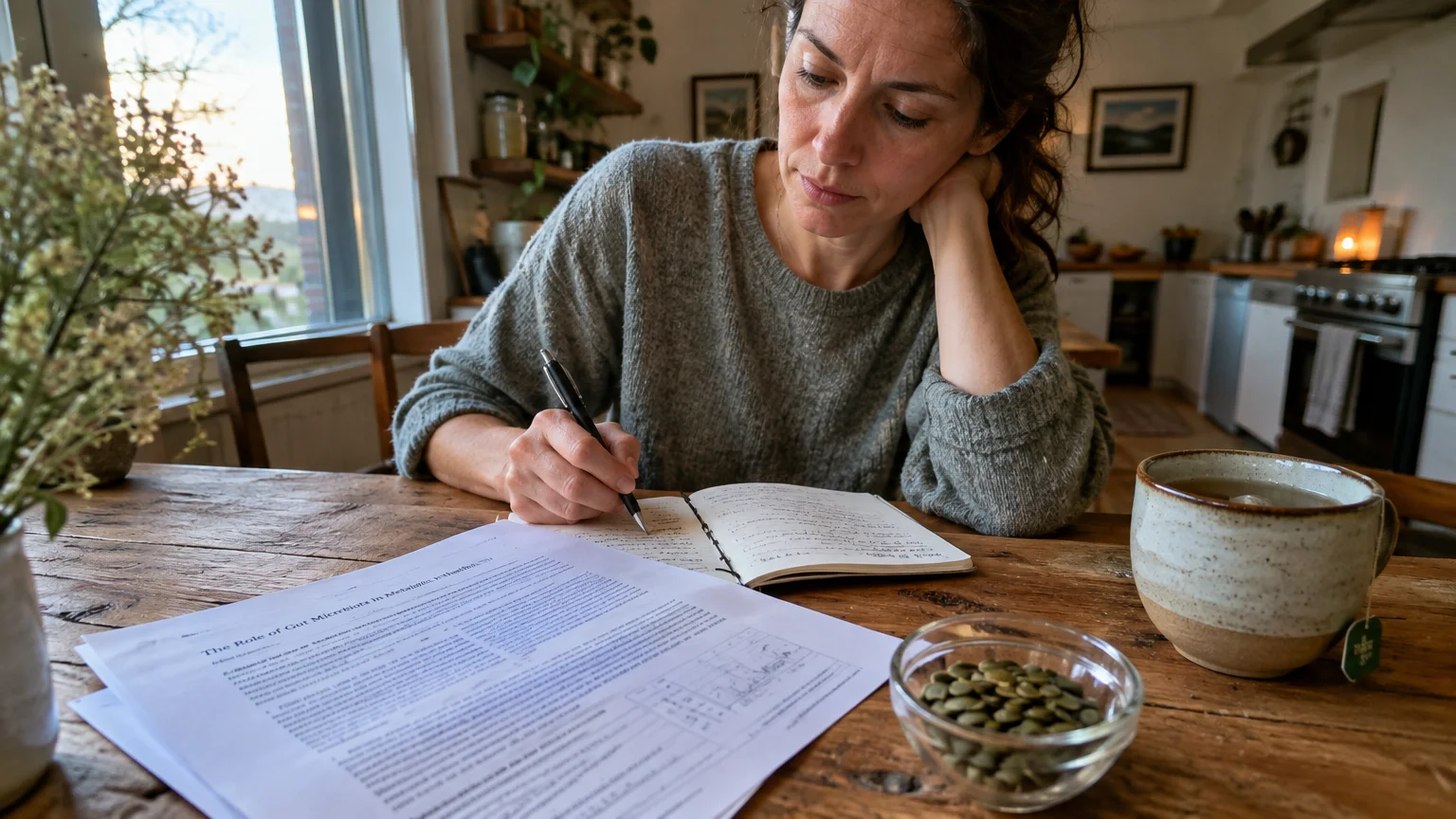 A woman writes in a notebook at a wooden table beside printed research papers, a cup of tea, and pumpkin seeds.