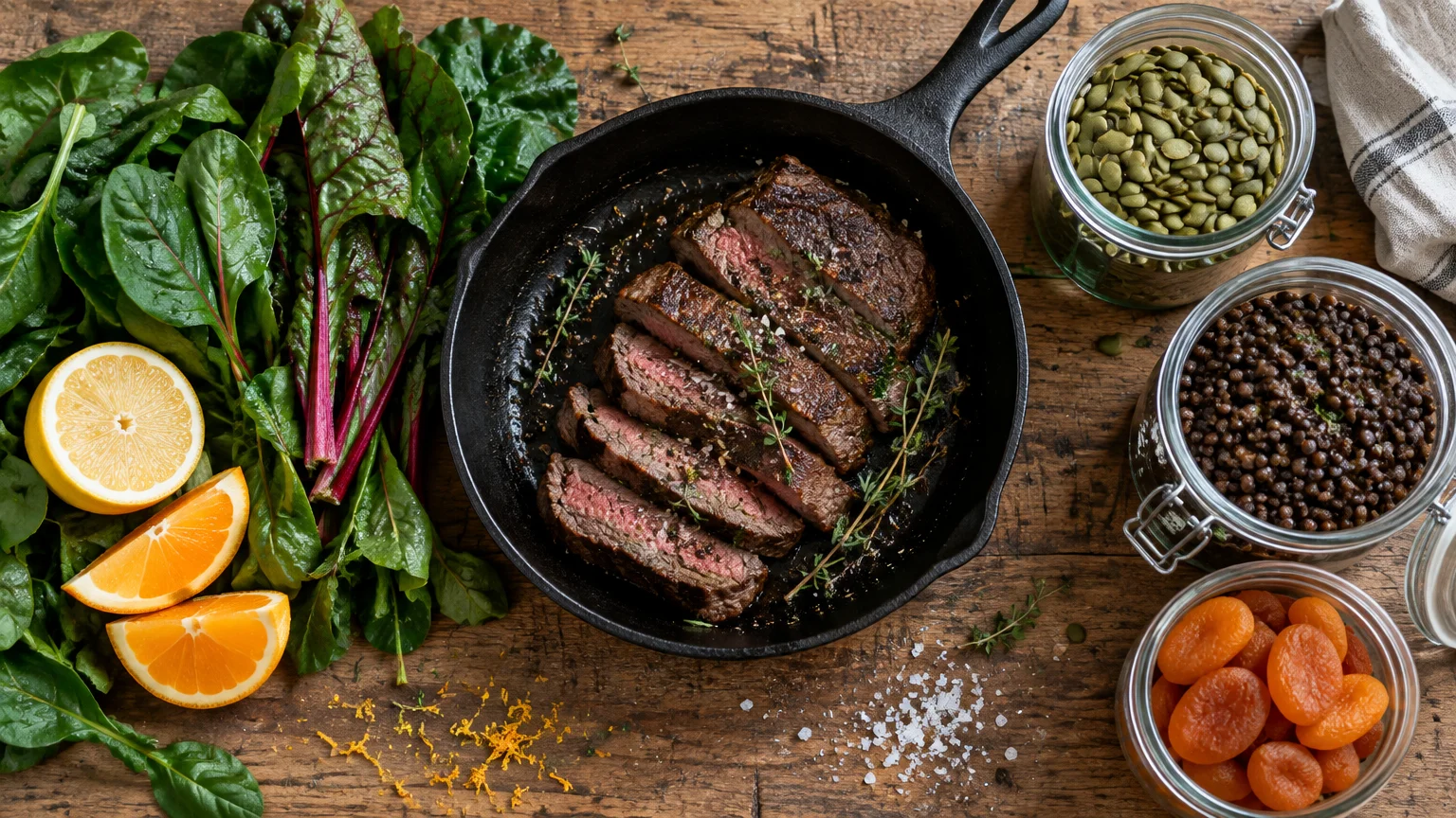 Sliced steak in a cast-iron skillet surrounded by leafy greens, sliced oranges, pumpkin seeds, lentils, and dried apricots.
