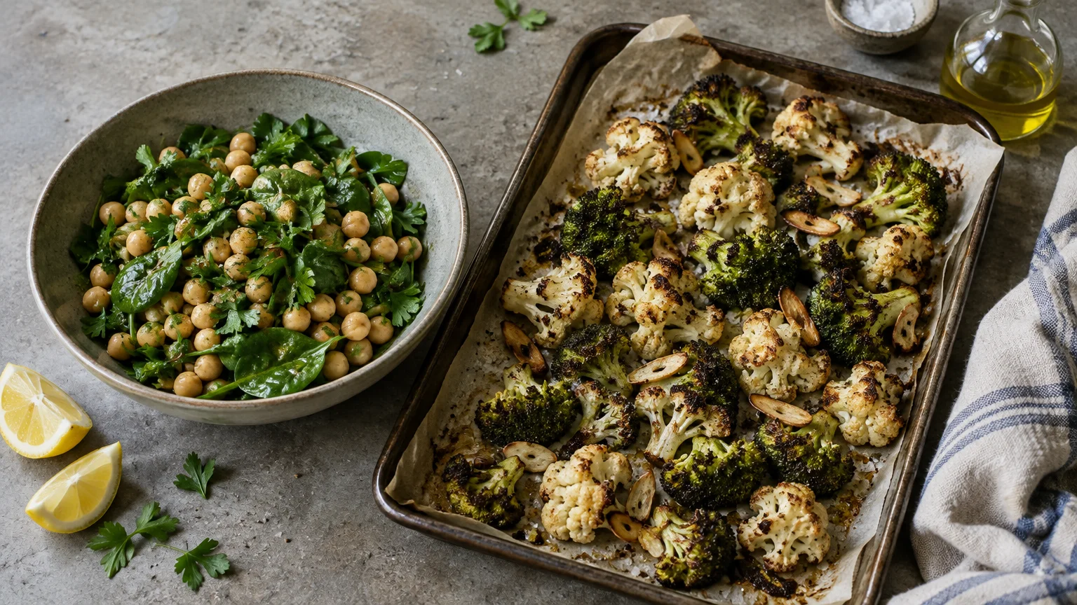 Roasted broccoli and cauliflower on a baking sheet beside a bowl of chickpea and spinach salad with lemon wedges.