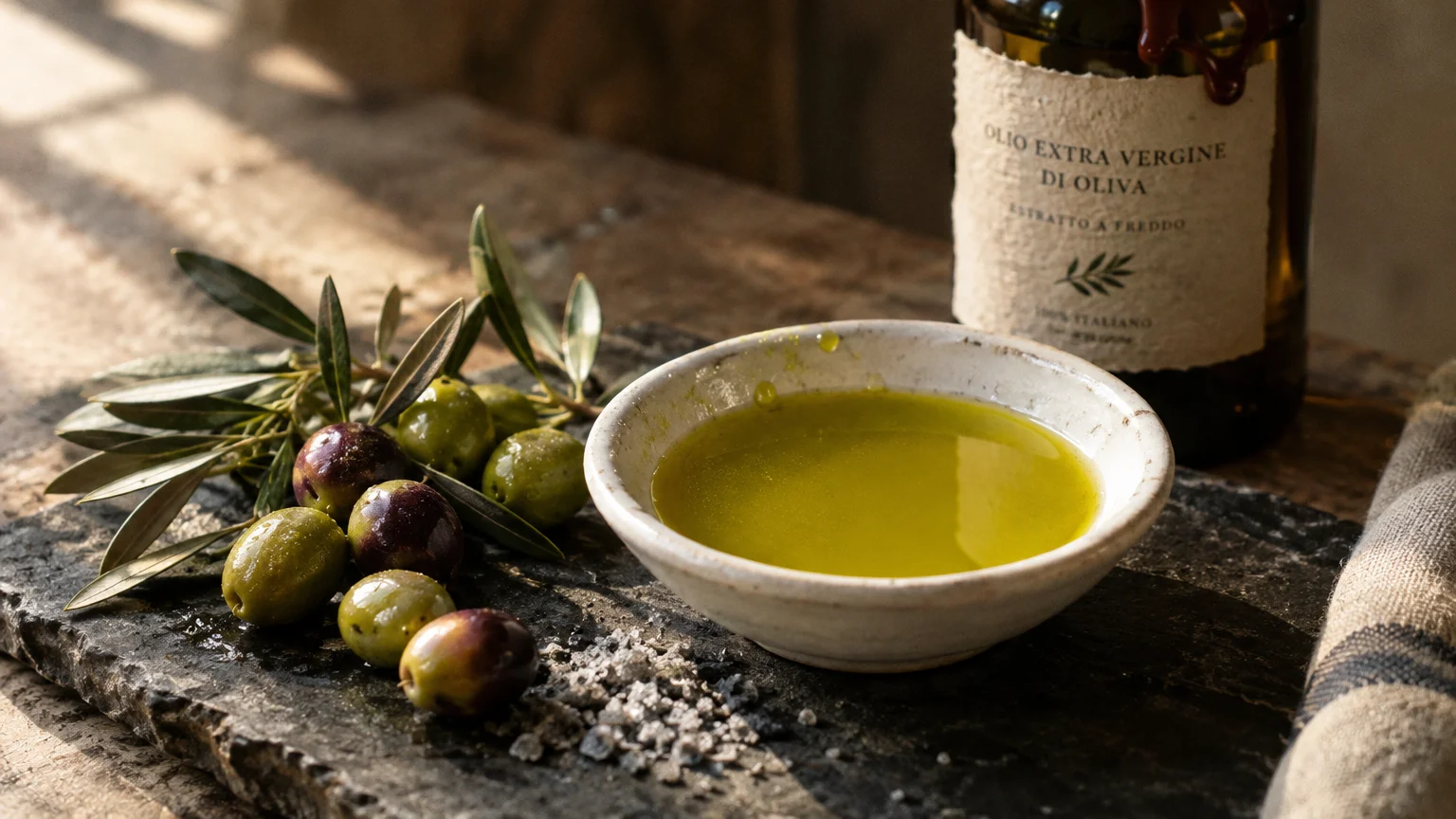 Small bowl of golden-green olive oil with fresh olives on a branch, coarse salt, and an Italian oil bottle on dark slate.