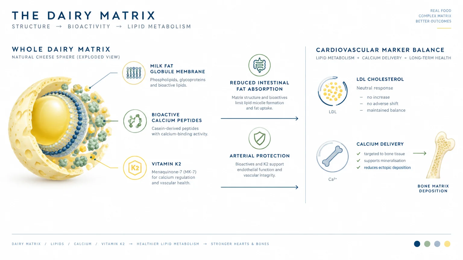 Diagram of the dairy matrix showing a cross-section of cheese, lipid absorption mechanisms, and cardiovascular balance.