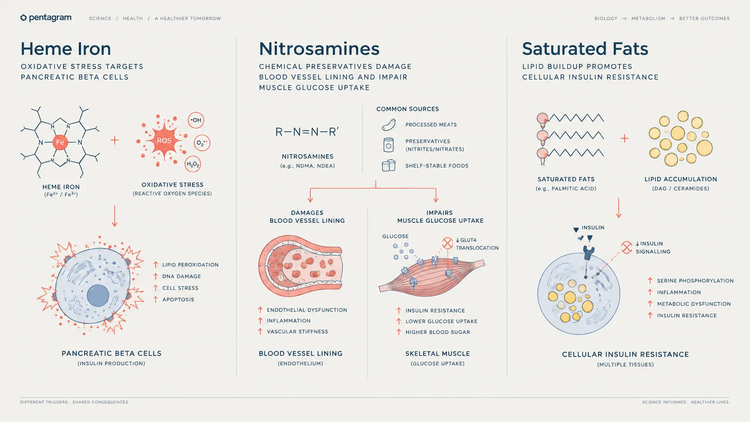 Diagram illustrating biological pathways for heme iron, nitrosamines, and saturated fats affecting insulin and blood sugar.