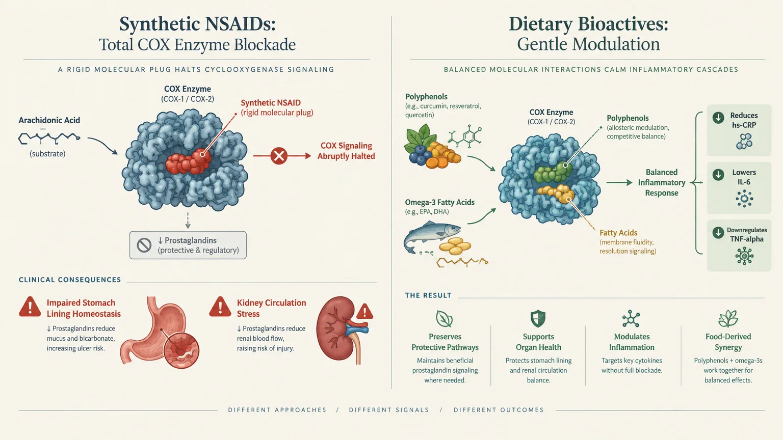 Diagram comparing synthetic NSAIDs causing total COX enzyme blockade with dietary bioactives offering gentle modulation.