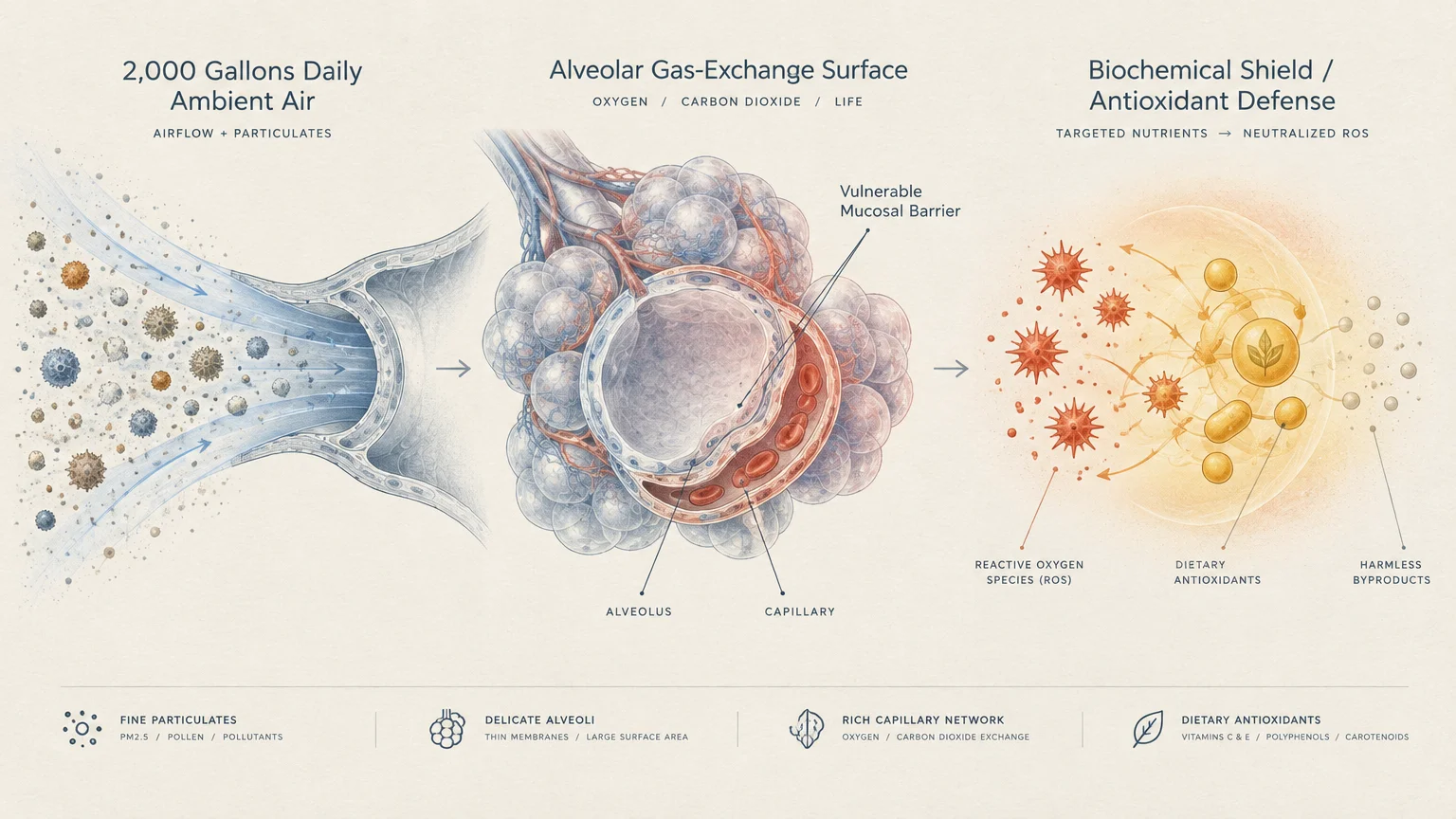 Medical diagram showing airflow with particulates entering an alveolus, where dietary antioxidants neutralize reactive oxidants.