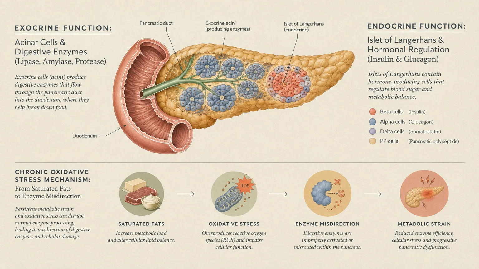 Medical diagram illustrating pancreatic exocrine acini and endocrine islets, alongside an oxidative stress pathway.