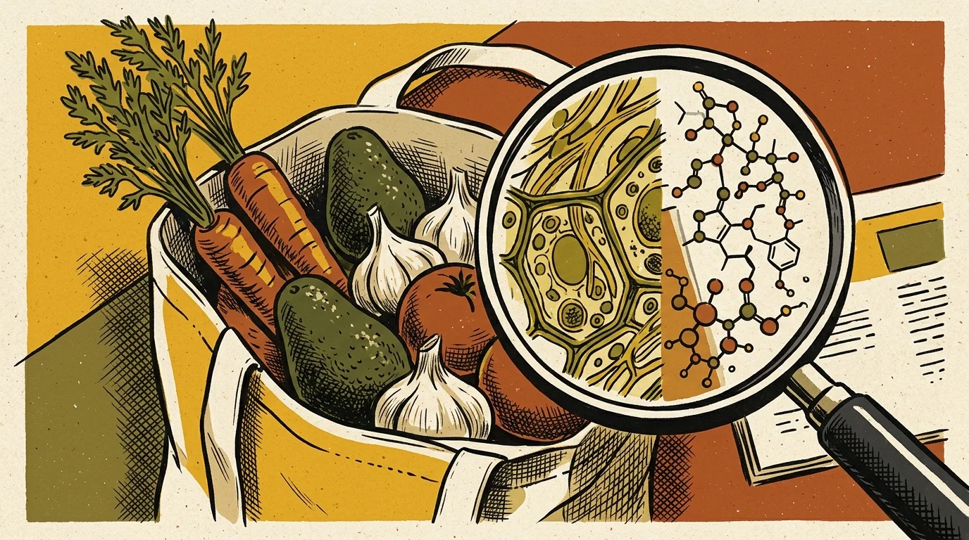 Illustration of a produce tote bag under a magnifying glass revealing plant cells and molecular structures.
