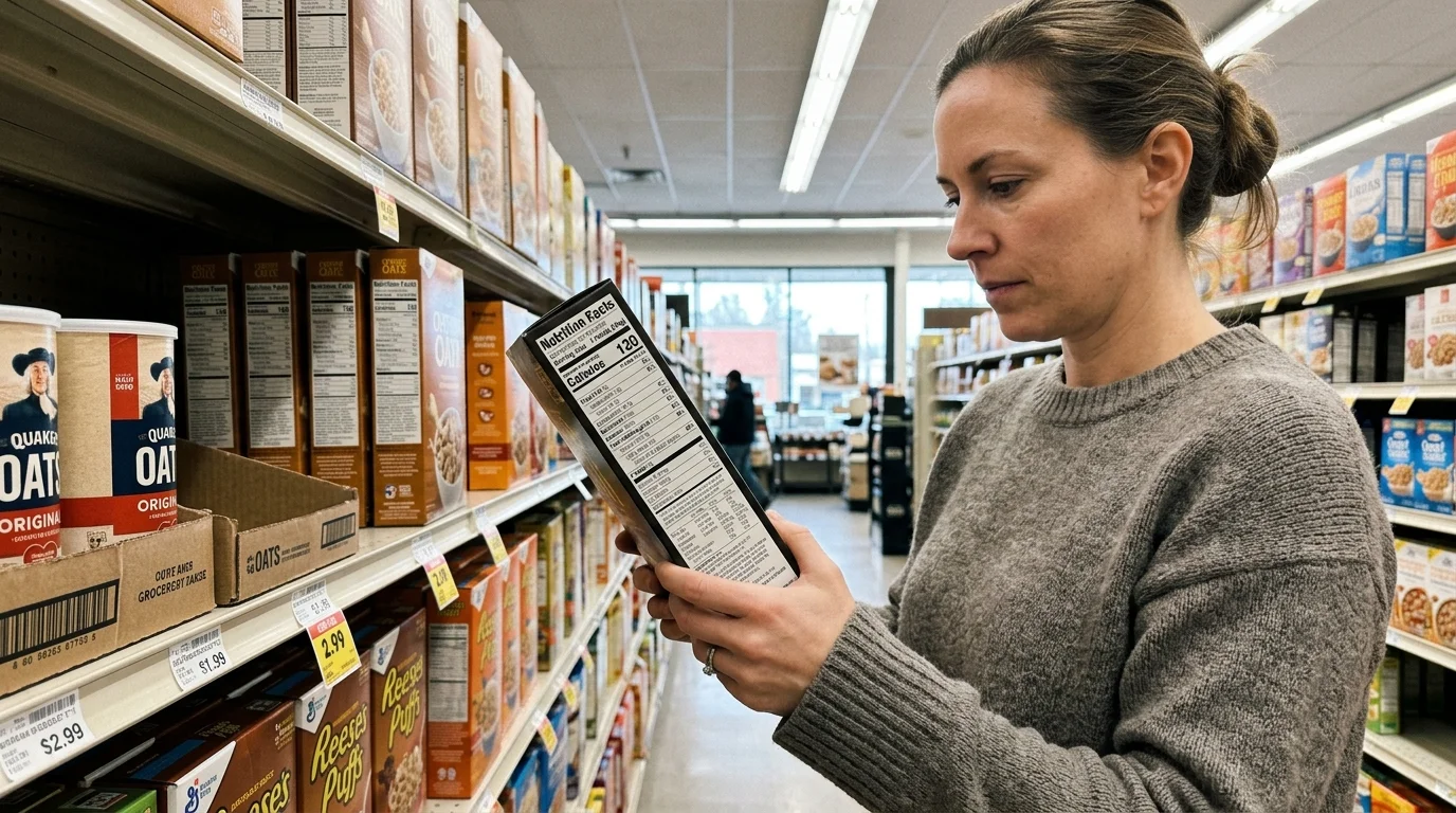 A woman in a grey sweater reads the nutrition facts label on a cereal box in a grocery store aisle.