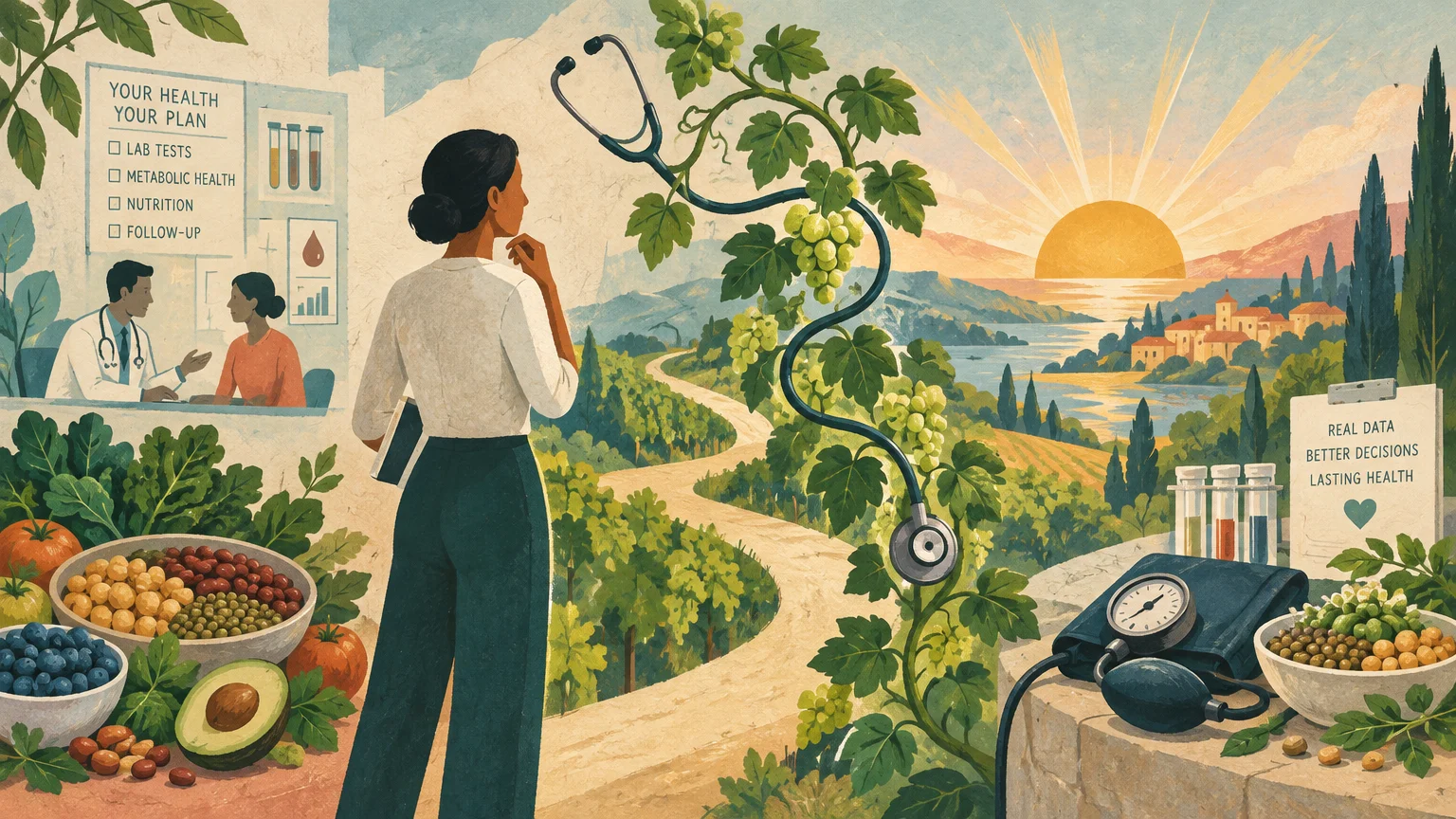 Woman looking down a countryside road framed by a stethoscope vine, bowls of produce, and blood pressure equipment.
