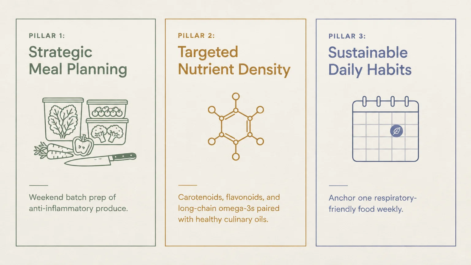 Diagram of three nutrition pillars: Strategic Meal Planning, Targeted Nutrient Density, and Sustainable Daily Habits.