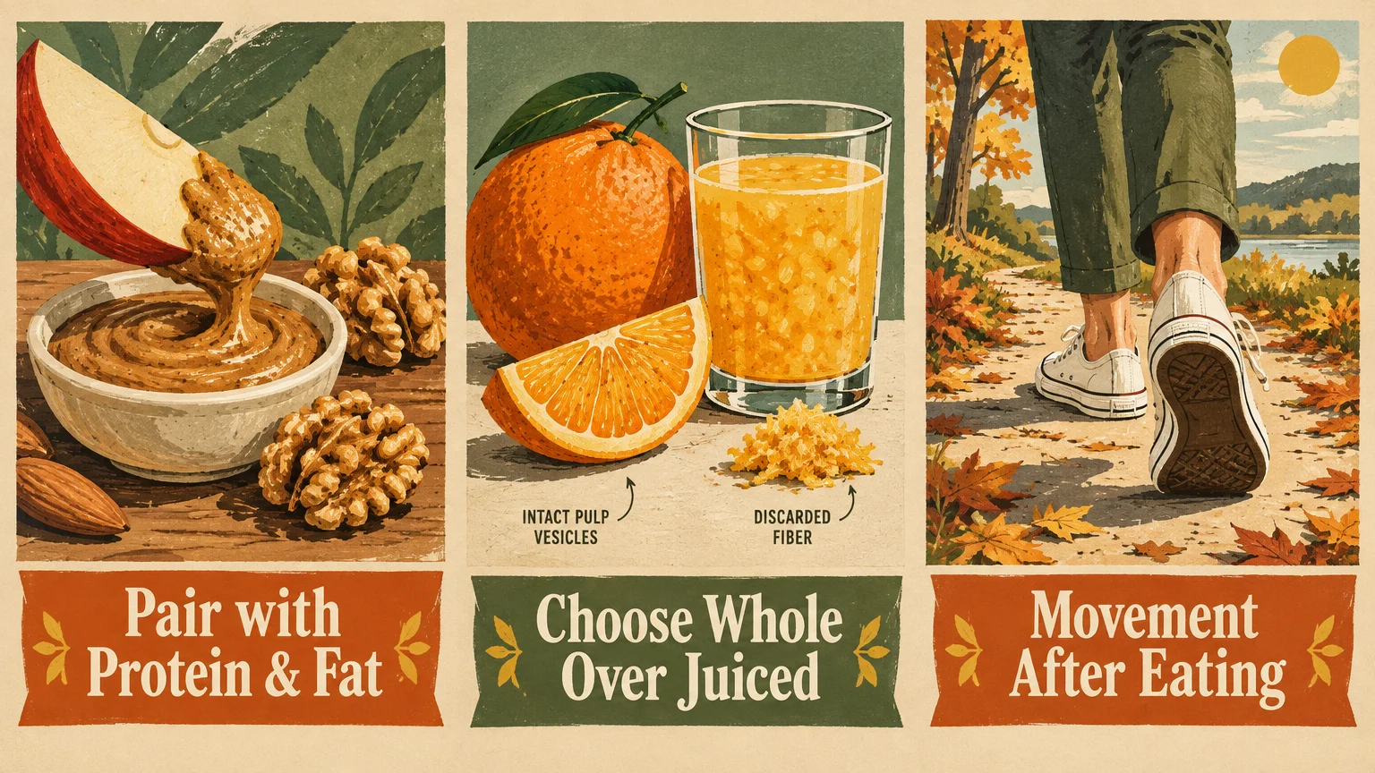 Three panels illustrating pairing fruit with nut butter, choosing whole fruit over juice, and walking outdoors after eating.
