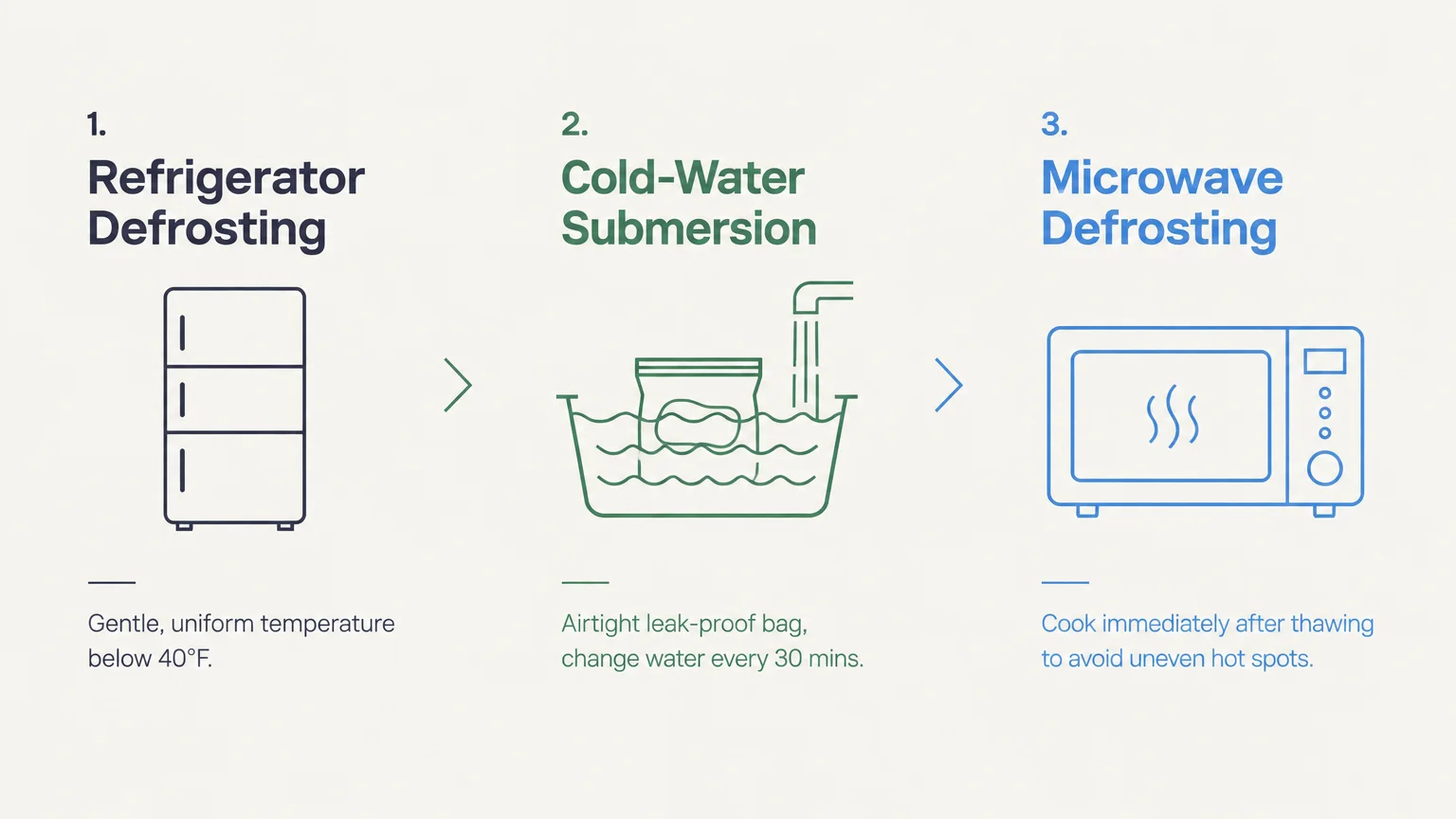 Diagram illustrating three defrosting methods: refrigerator defrosting, cold-water submersion, and microwave defrosting.