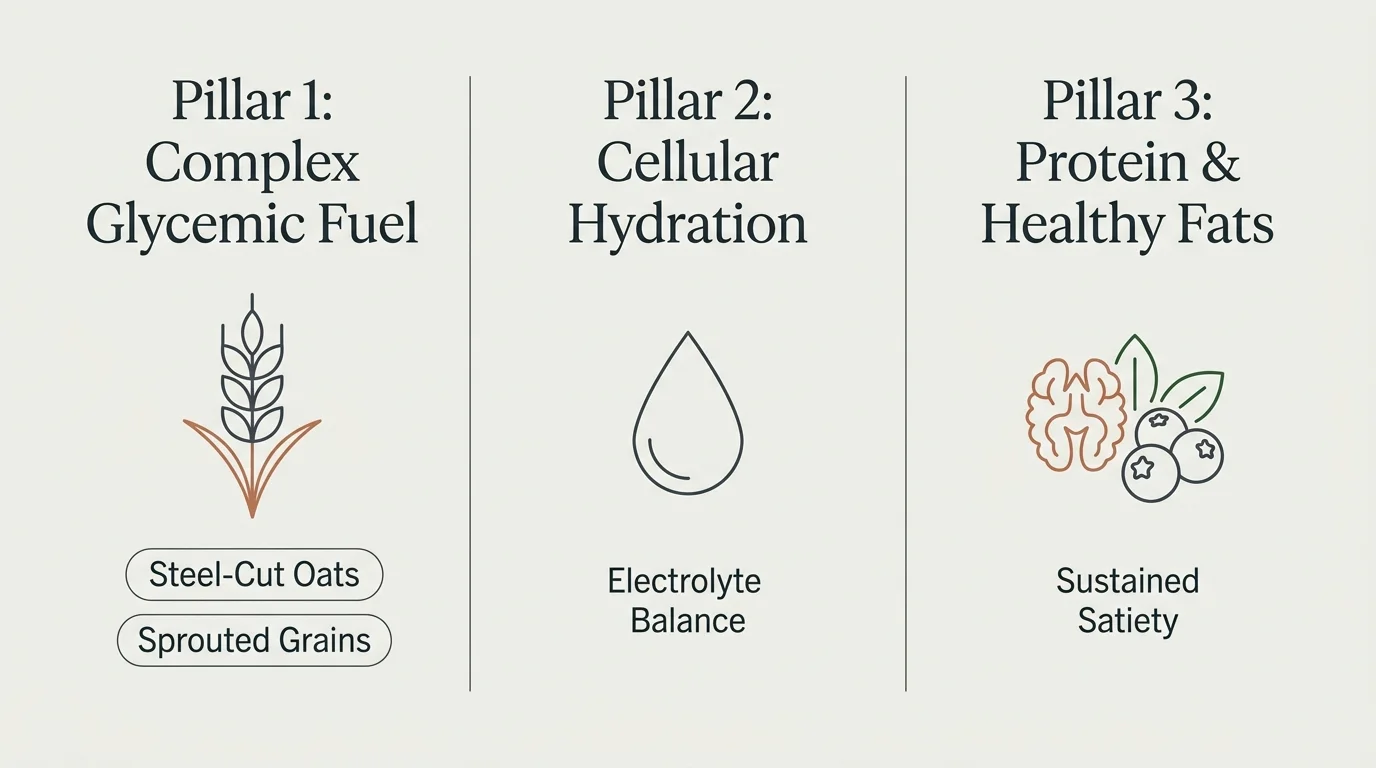 Diagram showing three vitality pillars: Complex Glycemic Fuel, Cellular Hydration, and Protein & Healthy Fats with icons.