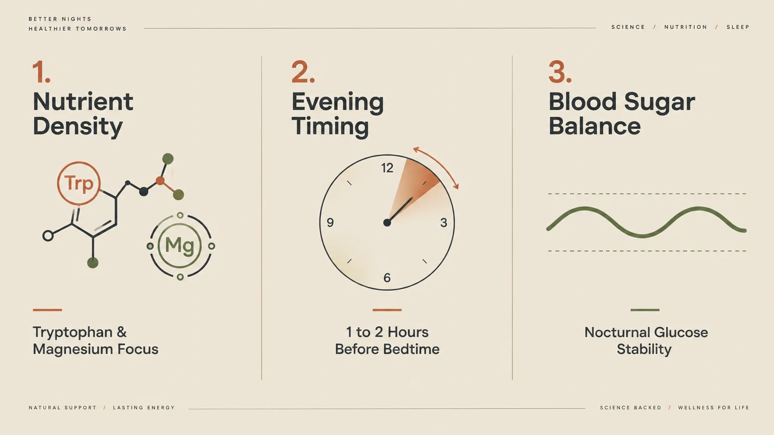 Infographic showing three sleep nutrition pillars: nutrient density, evening timing, and blood sugar balance.