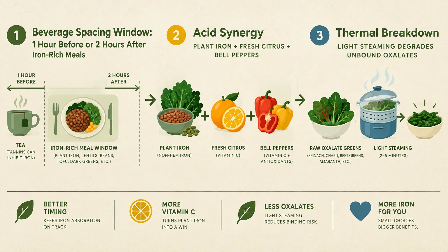 Diagram illustrating three strategies for nutrient absorption: beverage spacing windows, acid synergy, and steaming oxalates.