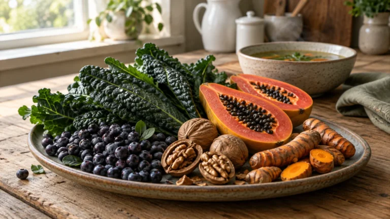 A platter of kale, blueberries, walnuts, sliced papaya, and turmeric root on a rustic wooden table.