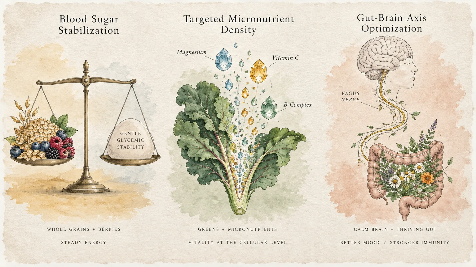 Three panels illustrating blood sugar balance on a scale, nutrient-dense leafy greens, and the gut-brain axis connection.