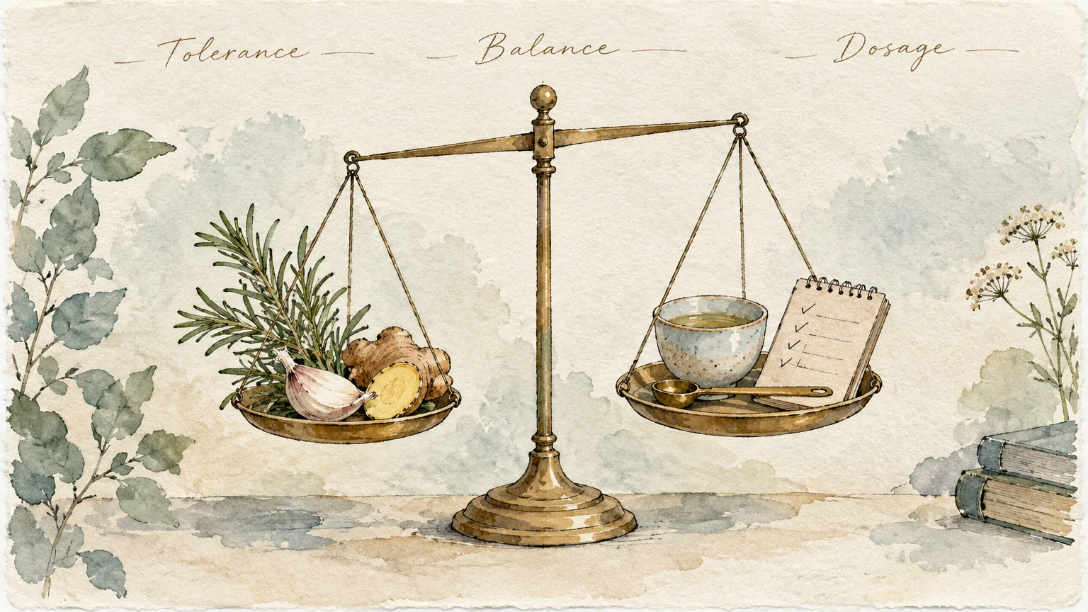 Watercolor illustration of a brass balance scale holding herbs, garlic, and ginger on one side and tea with a checklist on the other.