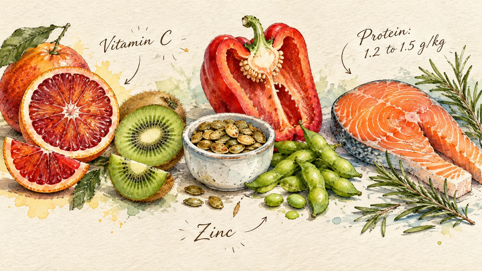 Watercolor illustration of blood oranges, kiwis, a red bell pepper, seeds, edamame, and a salmon steak with nutrient labels.