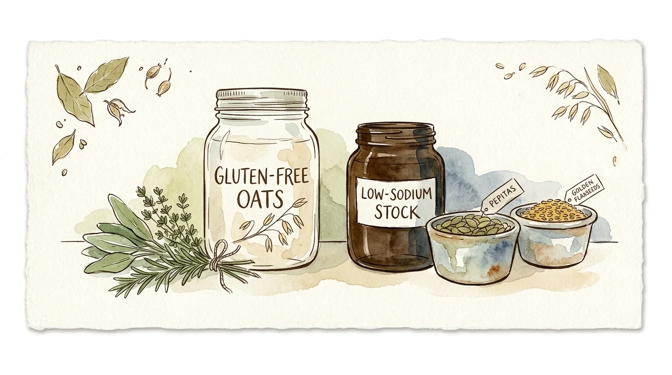 Watercolor illustration of jars labeled gluten-free oats and low-sodium stock beside fresh herbs and bowls of seeds.