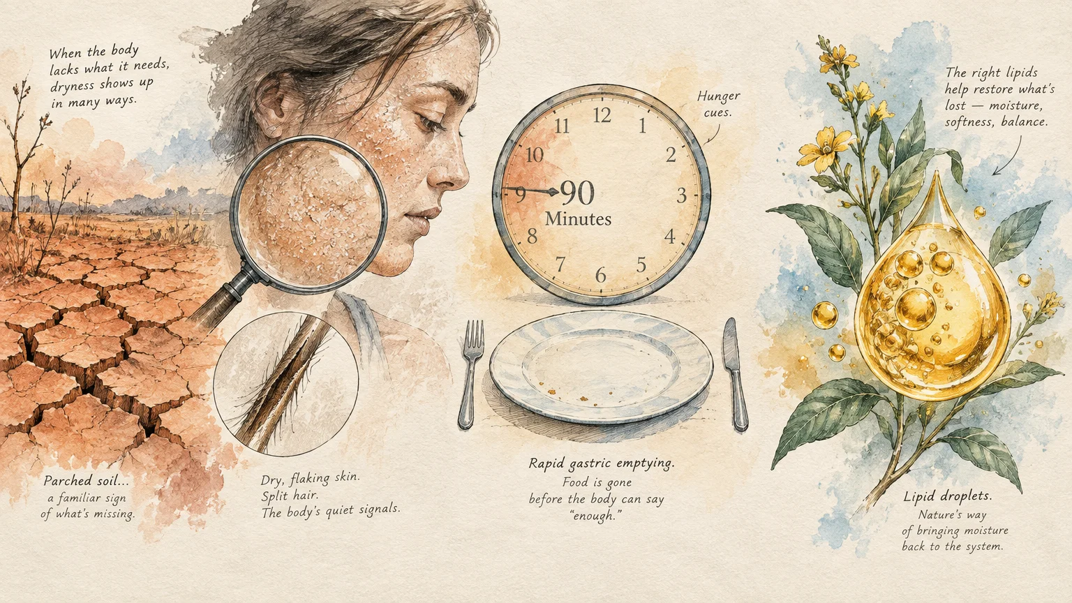 Parched earth, magnified dry skin, a clock over an empty plate, and a golden oil droplet surrounded by flowering foliage.