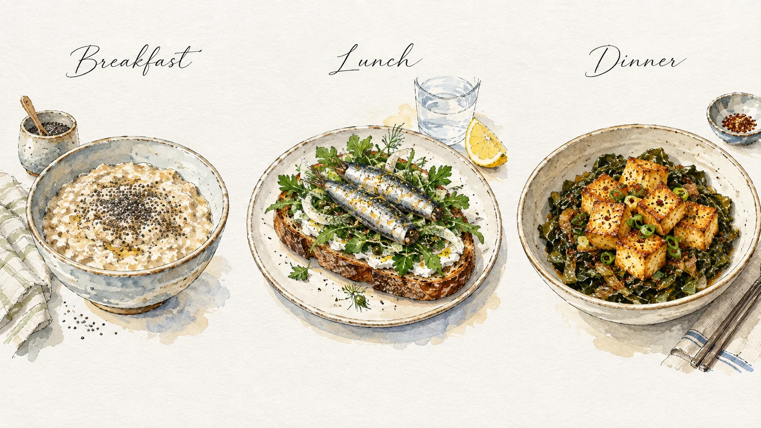 Watercolor of three meals labeled Breakfast, Lunch, and Dinner: chia porridge, sardine toast, and cubed tofu over greens.