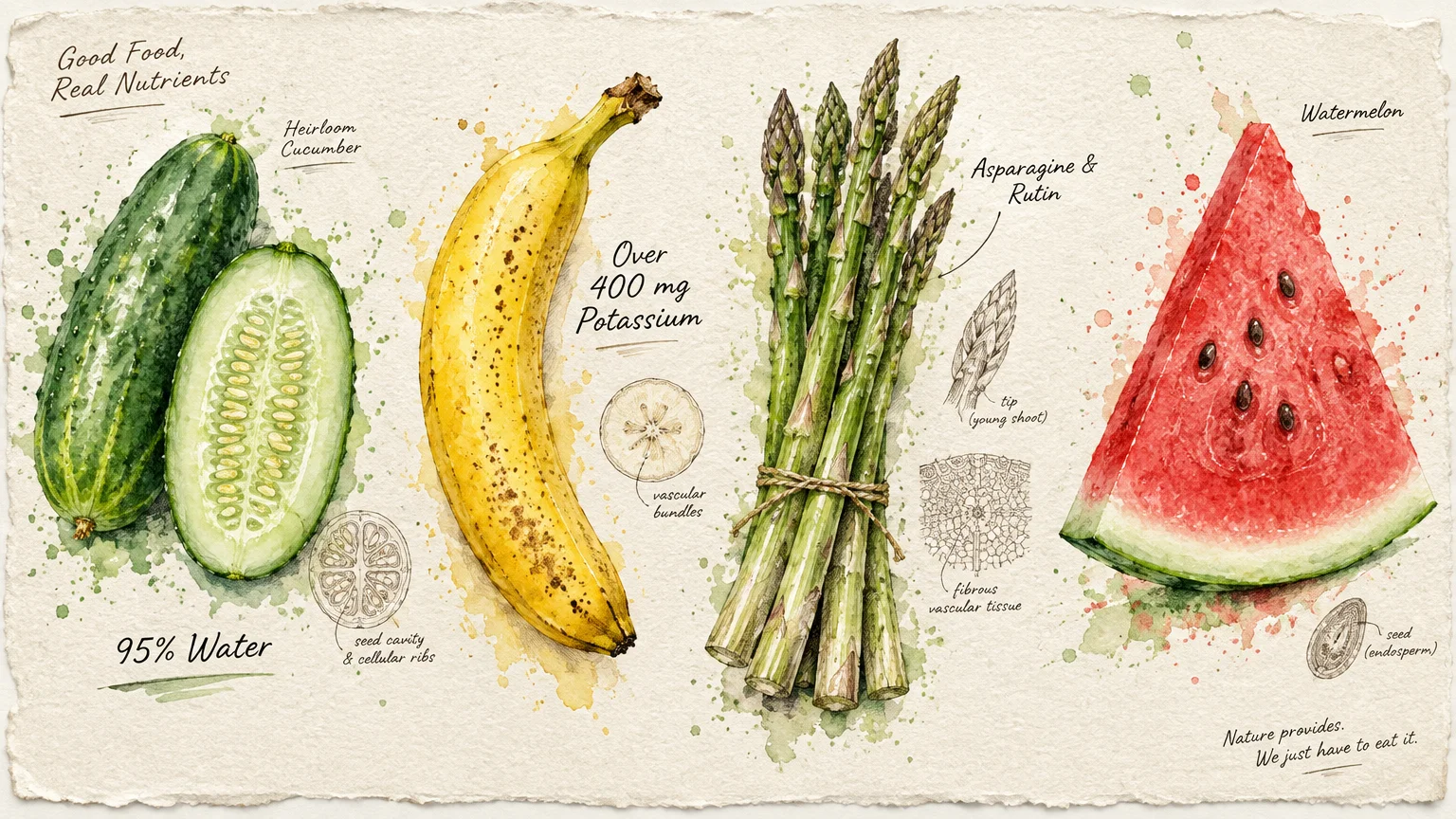 Watercolor illustration of a cucumber, a ripe banana, an asparagus bundle, and a watermelon slice with botanical sketches.