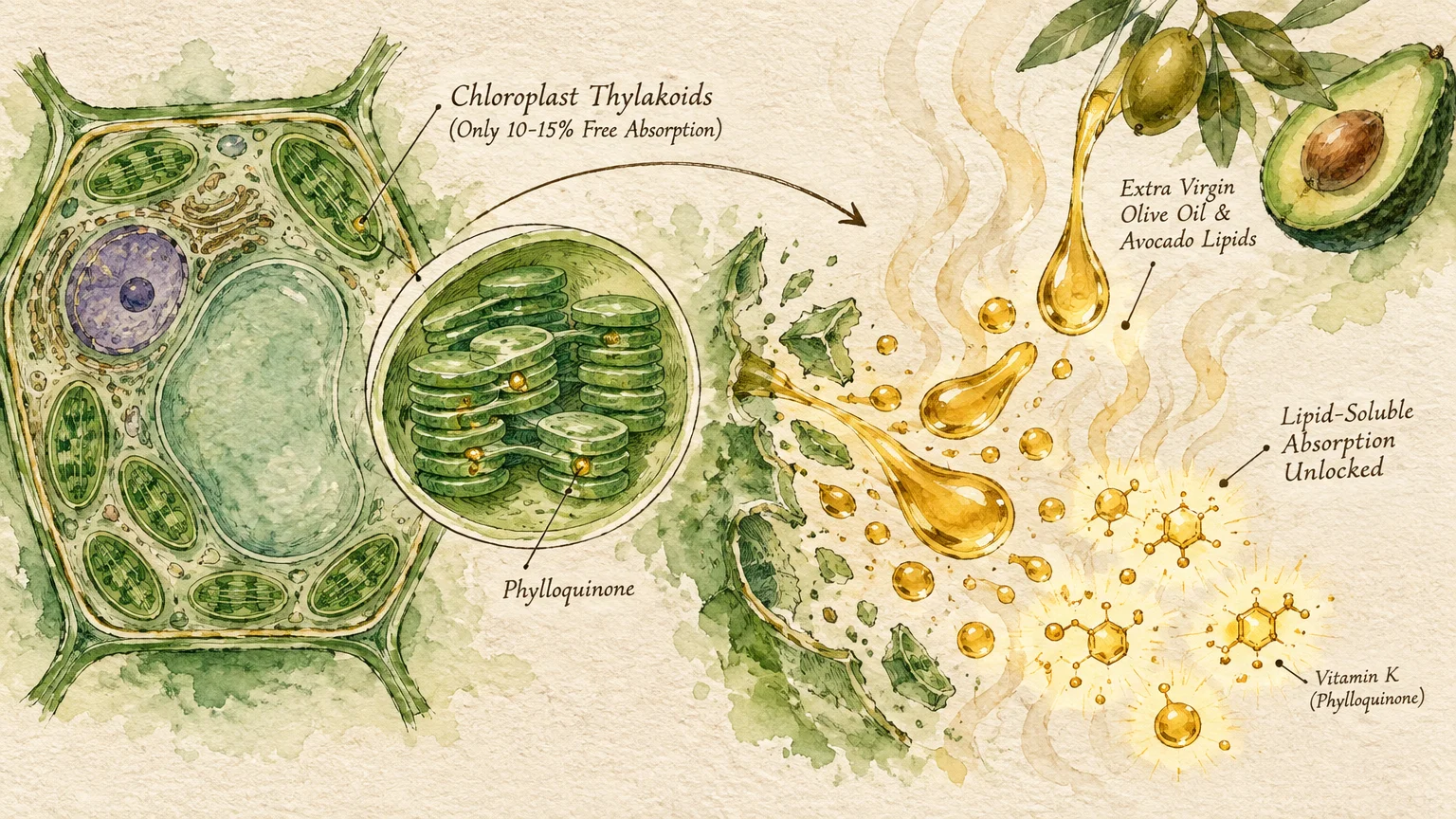 Watercolor illustration showing plant chloroplast thylakoids releasing phylloquinone when combined with olive oil and avocado.