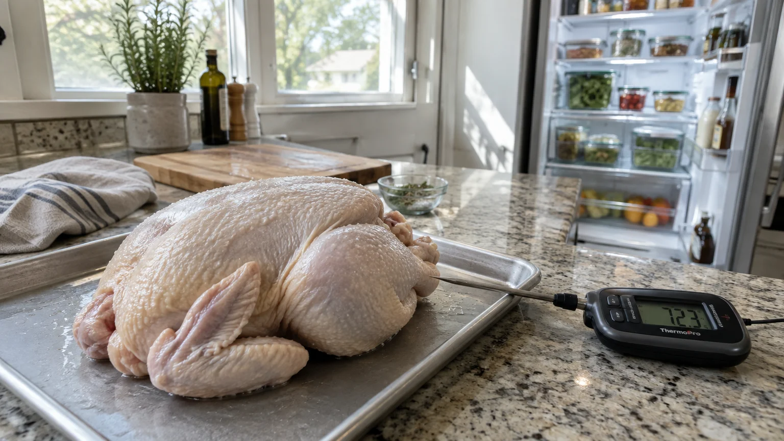 Raw whole chicken on a baking sheet with a digital meat thermometer probe inserted into the meat on a granite countertop.
