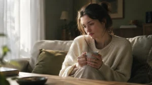 A tired woman sitting on a sofa in a cream knit sweater, holding a warm mug near a bright window.