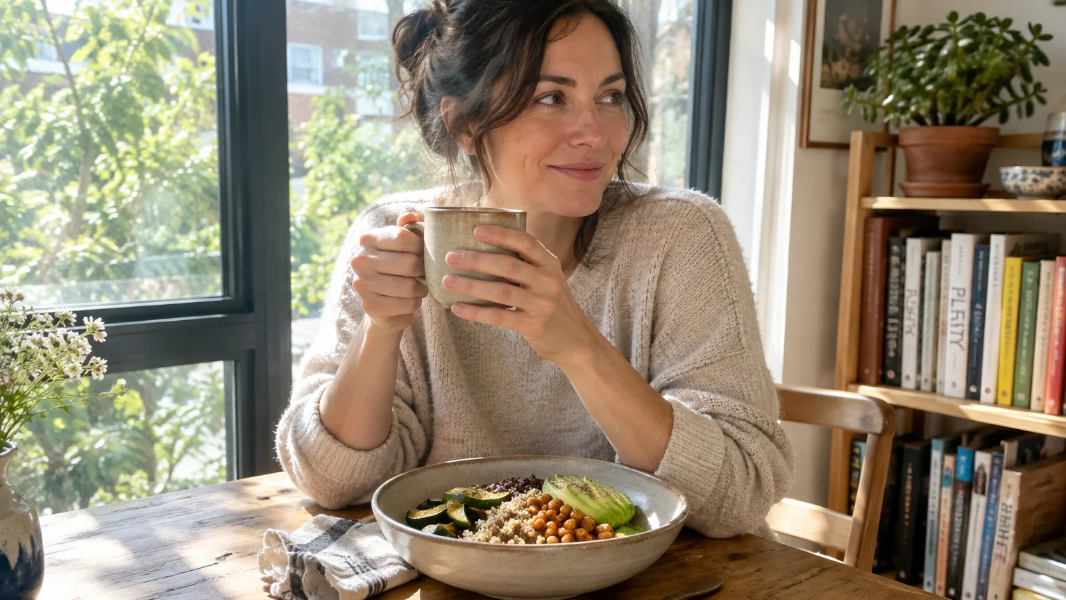 A smiling woman holding a mug sits at a wooden table in front of a grain bowl with avocado and chickpeas.