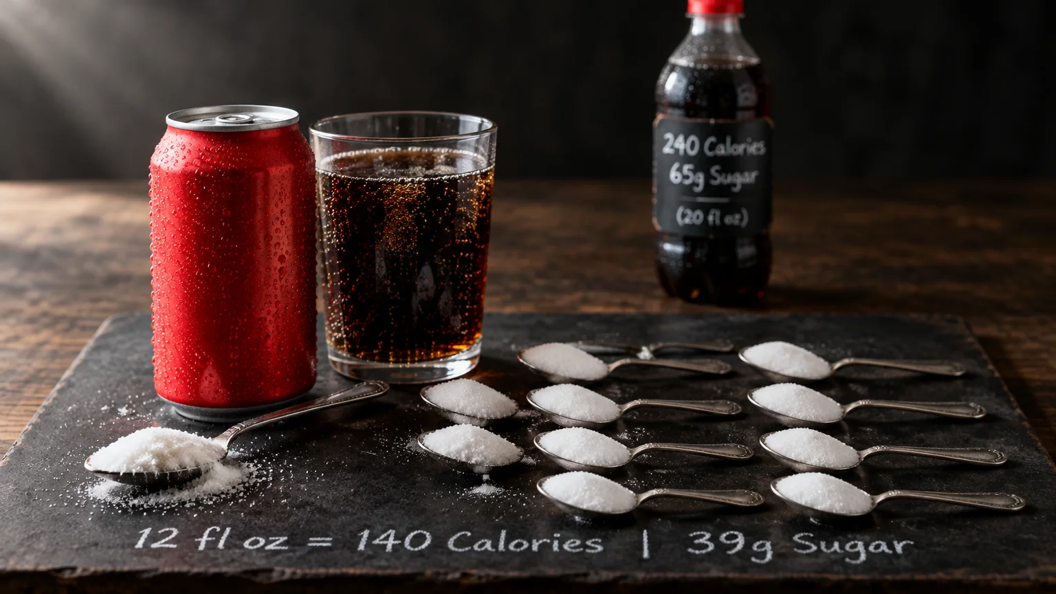 Red soda can, glass of cola, bottle, and ten spoons of sugar showing calorie and sugar counts on a slate board.