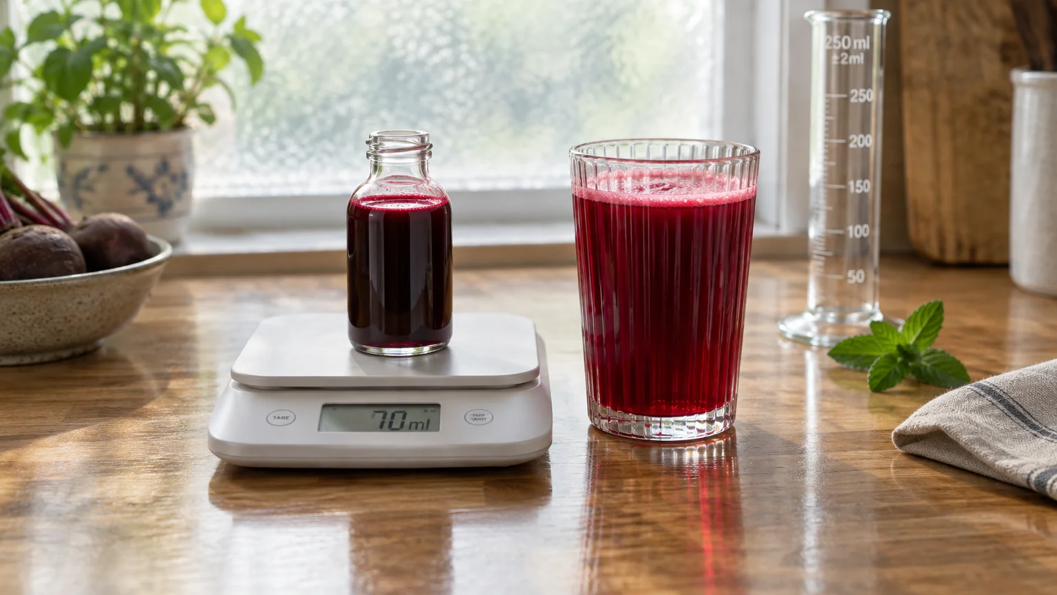 Small bottle of beet juice on a digital scale reading 70ml next to a tall glass of juice and graduated cylinder.