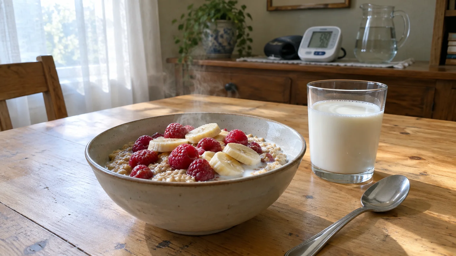 Steaming oatmeal topped with berries and bananas beside a glass of milk, with a blood pressure monitor in the background.