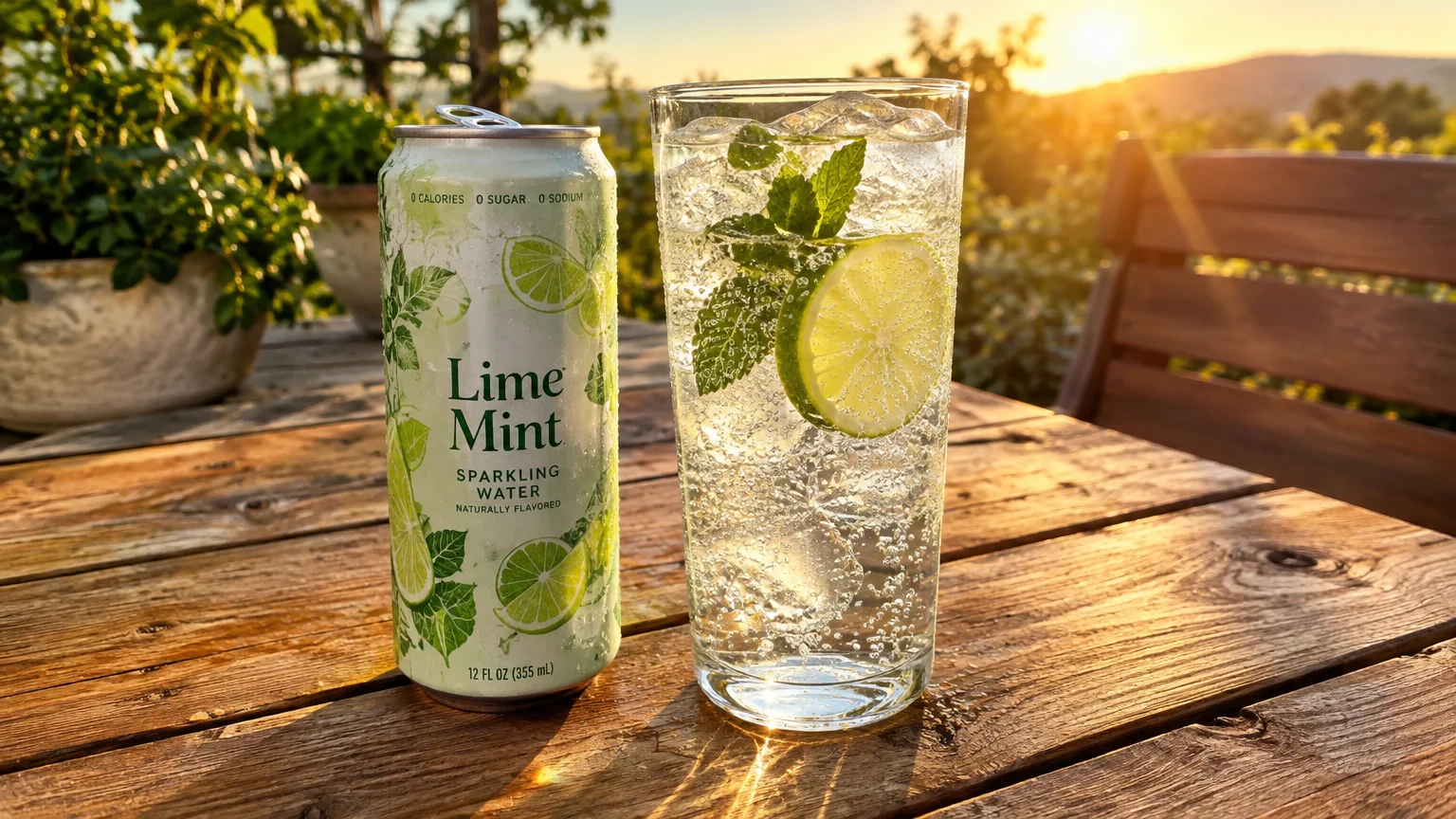 Can of Lime Mint sparkling water beside an iced glass with lime and mint on a wooden table outdoors at sunset.