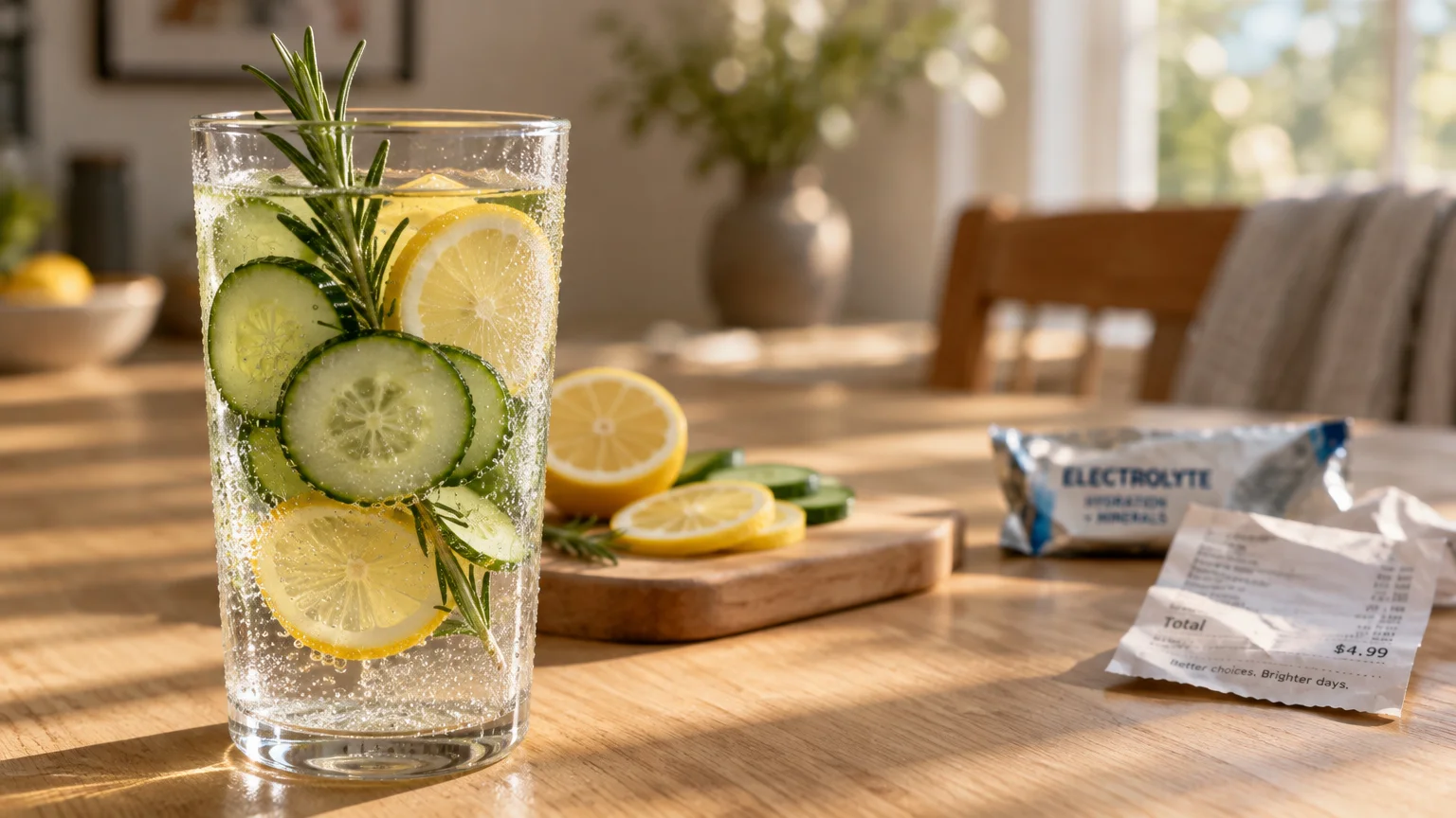 Glass of infused water with cucumber and lemon slices, beside an electrolyte packet and receipt on a wooden table.