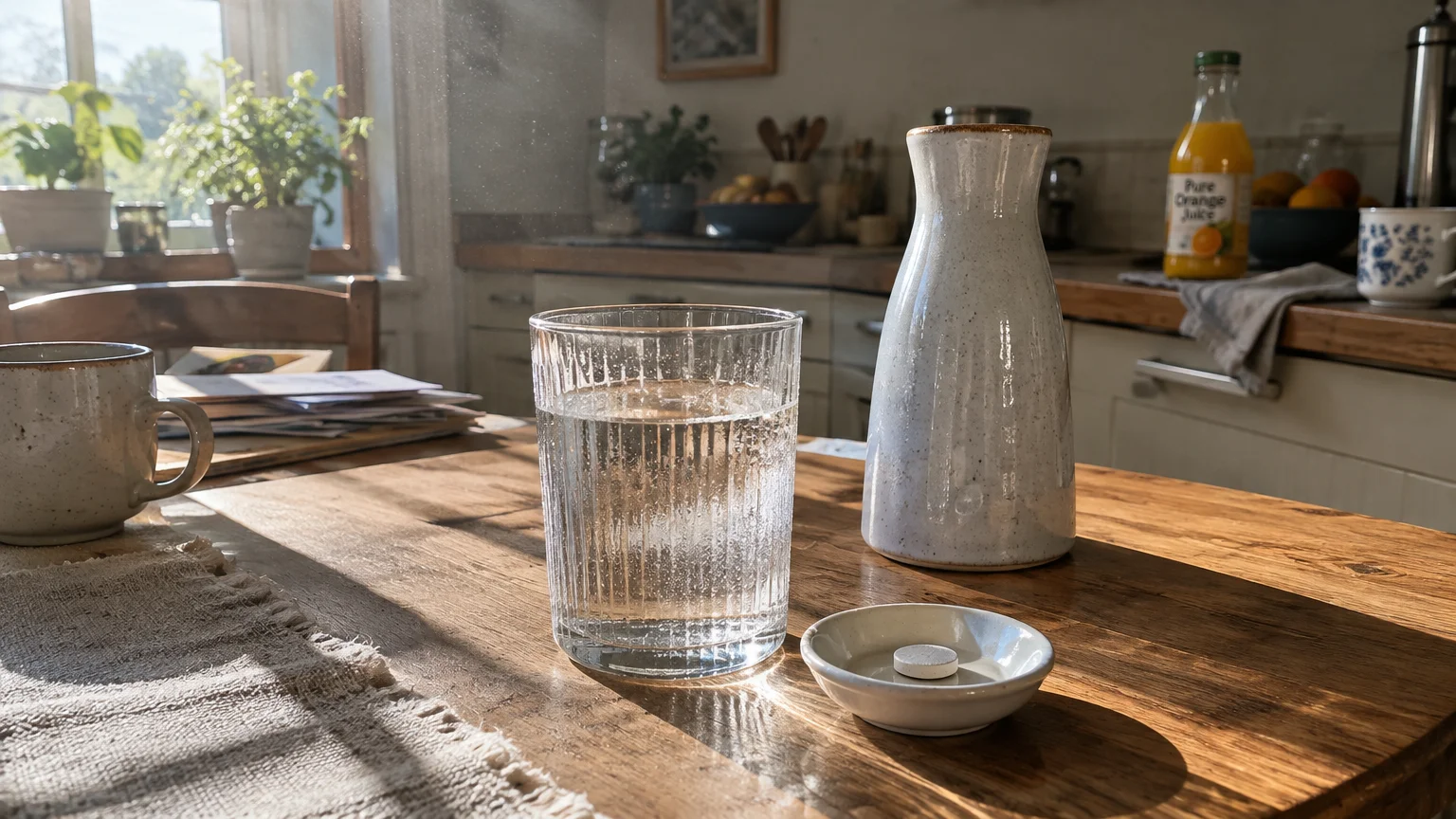 A glass of water, ceramic carafe, and pill dish sit on a sunlit wooden table in a rustic kitchen.