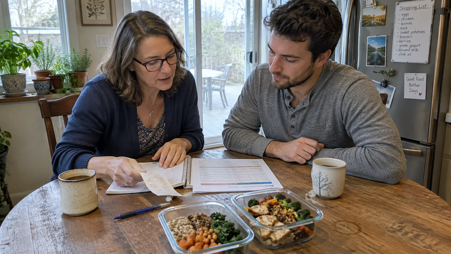 A woman and a man sit at a wooden dining table reviewing papers and receipts next to two glass meal prep containers.