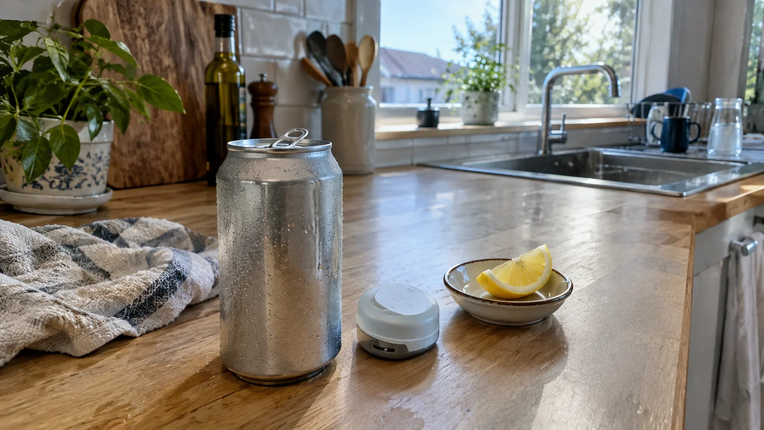 Condensation-covered blank aluminum can on a wooden kitchen counter next to a glucose sensor applicator and a lemon wedge.