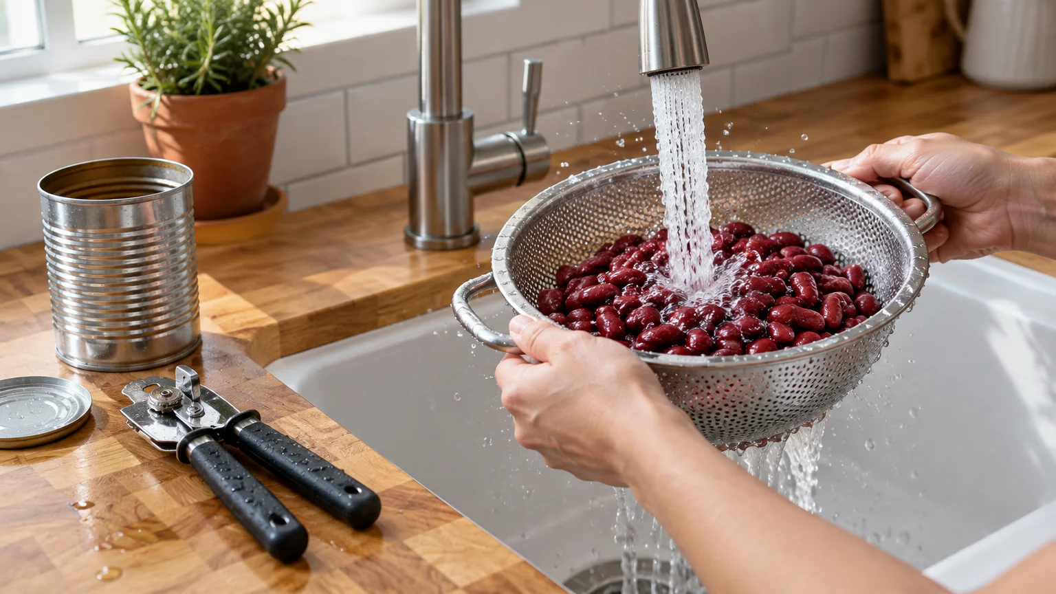 Hands holding a metal colander full of red kidney beans under running water in a kitchen sink next to an empty tin can.
