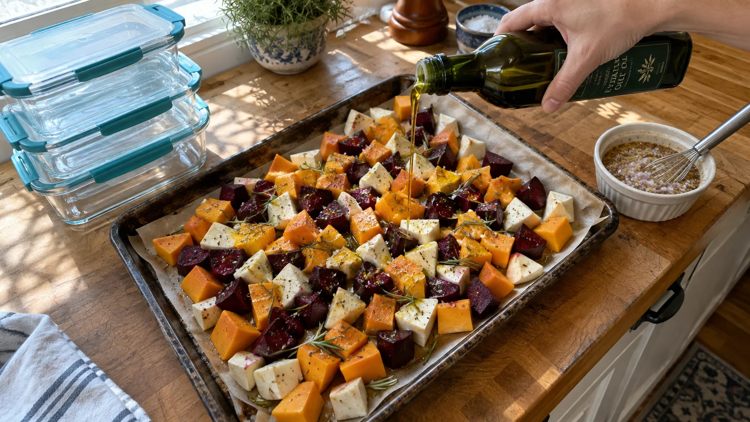 Olive oil being poured over diced root vegetables on a rimmed baking sheet next to glass meal prep containers.
