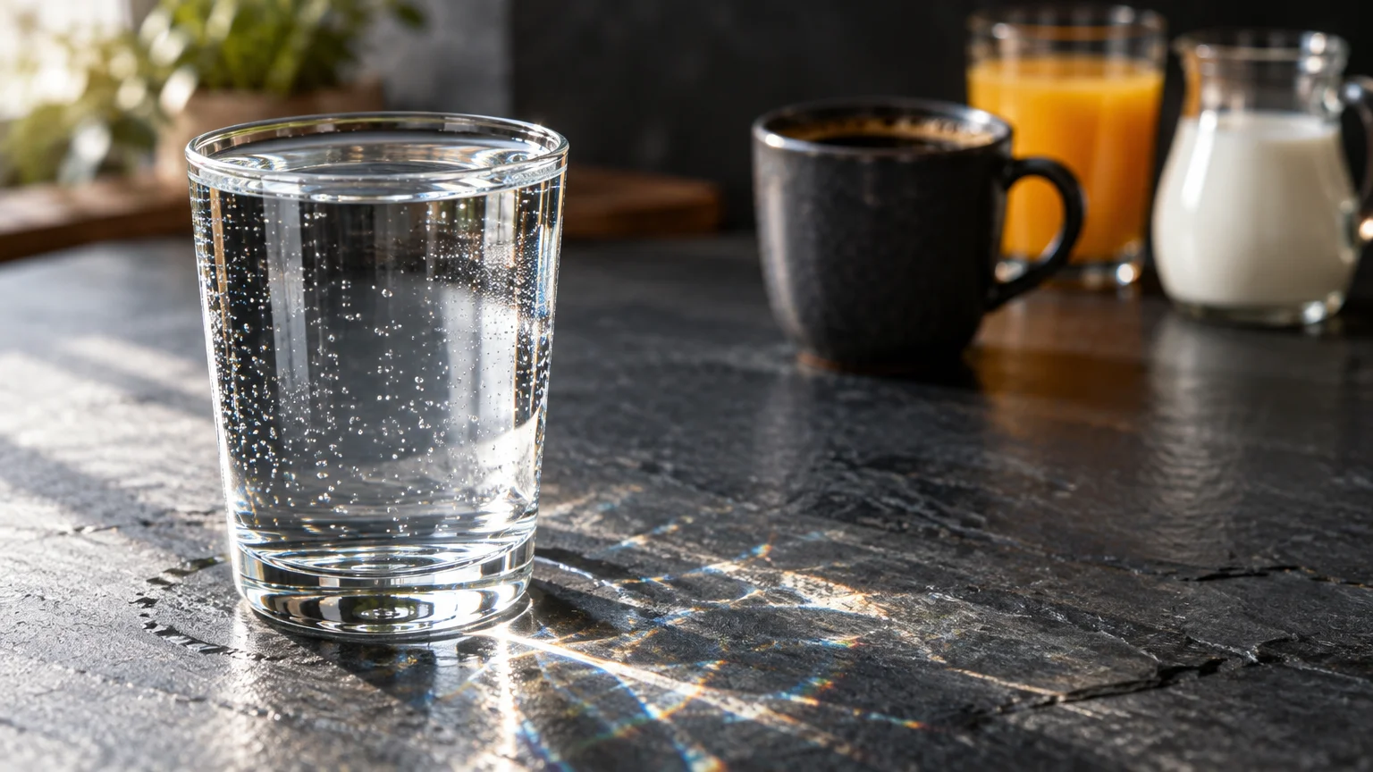 A glass of water sits on a dark tabletop with coffee, orange juice, and a small milk pitcher in the background.