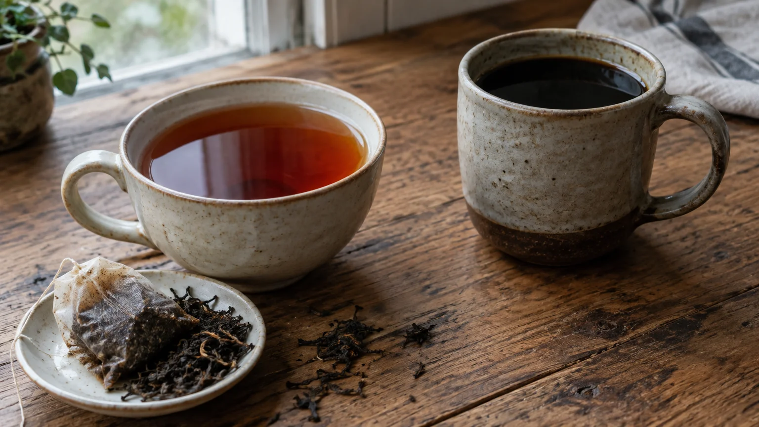 A cup of tea and a mug of black coffee sit on a rustic wooden windowsill with loose tea leaves and a teabag.
