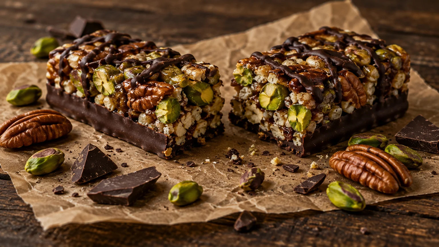 Dark chocolate nut bars packed with pecans and pistachios, broken in half on brown parchment paper with loose nuts.