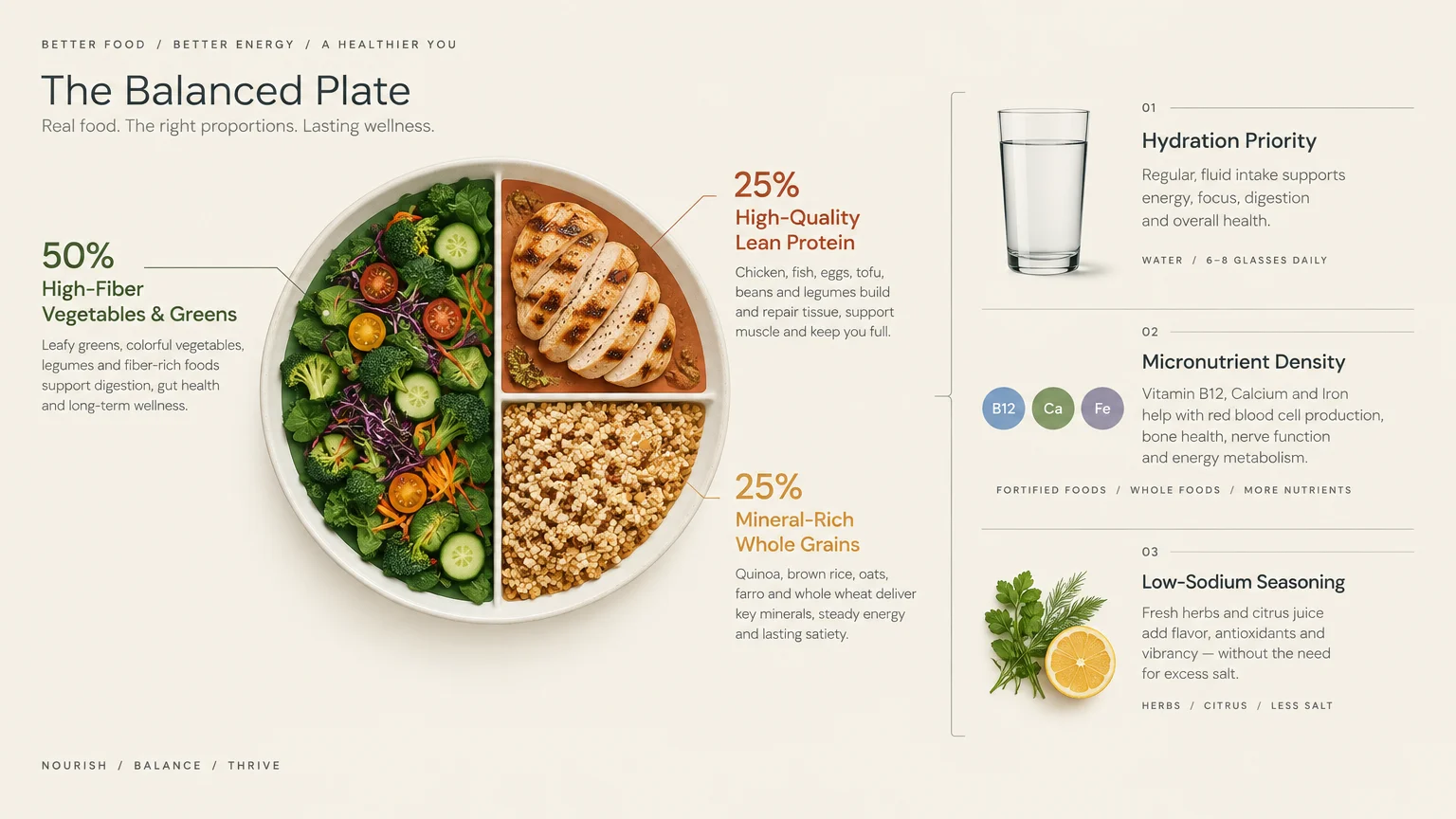 Diagram of a divided plate with vegetables, grilled chicken, and whole grains, alongside nutrition and hydration tips.