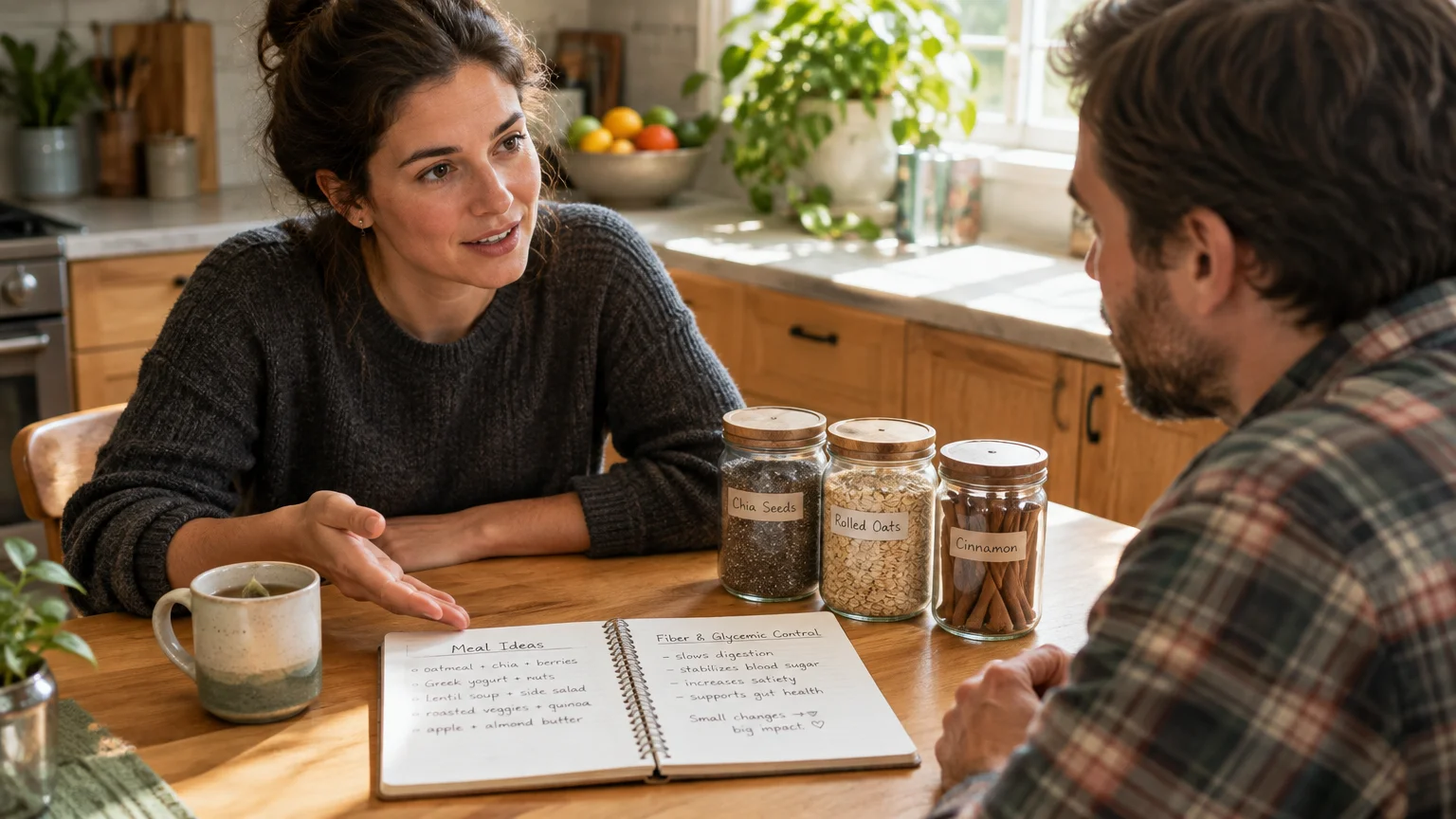 A woman speaks with a man at a table with jars of chia seeds, oats, cinnamon, and an open notebook.