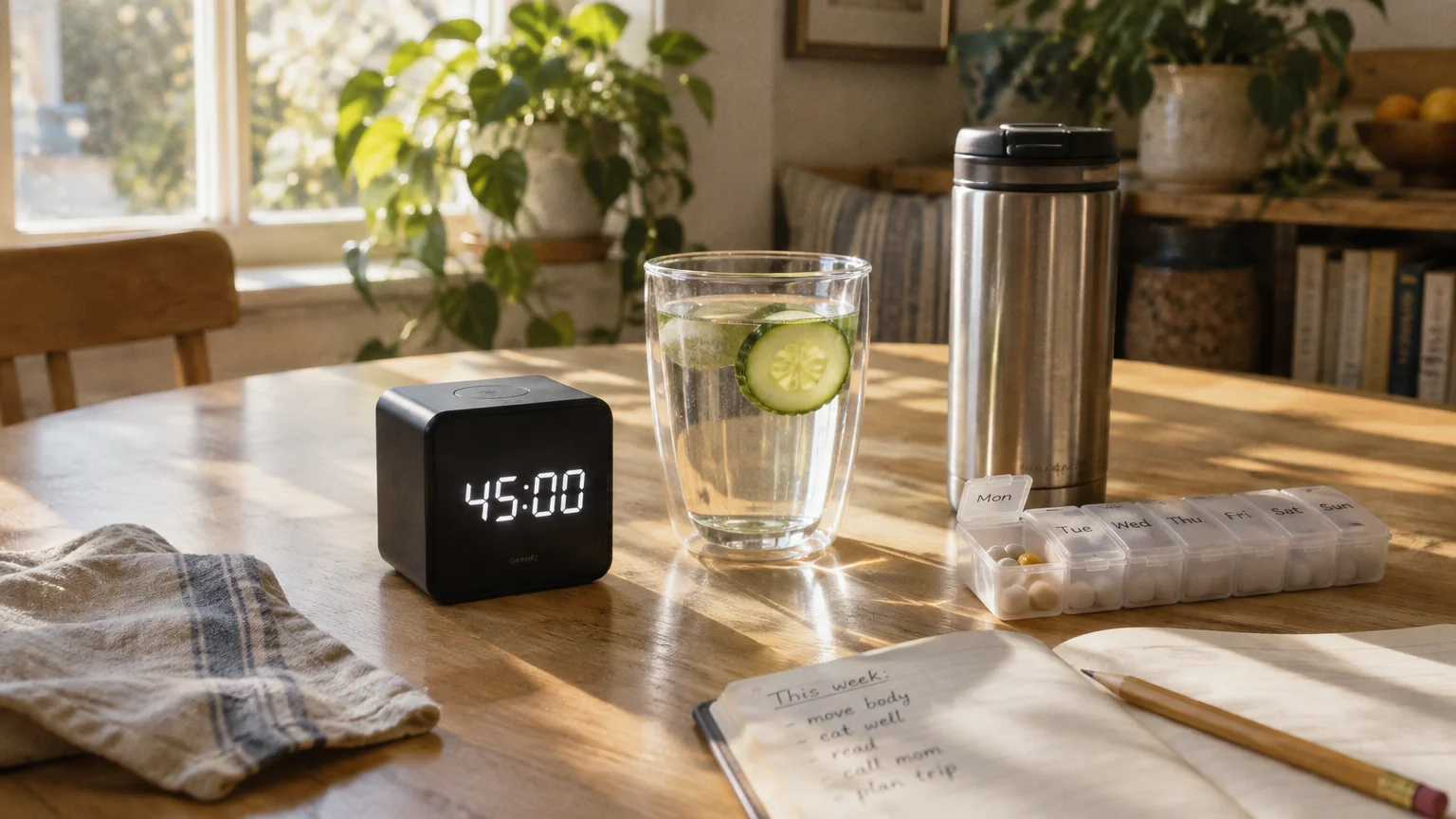 Digital cube timer, glass of cucumber water, travel thermos, pill organizer, and planner on a sunlit wooden table.