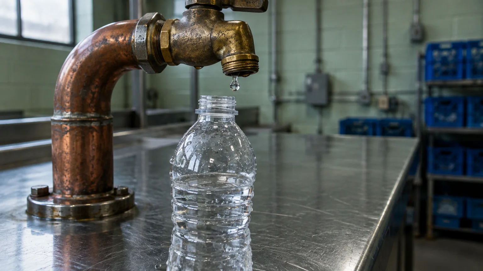 A drop of water drips from a brass faucet into an open plastic bottle on a stainless steel table.