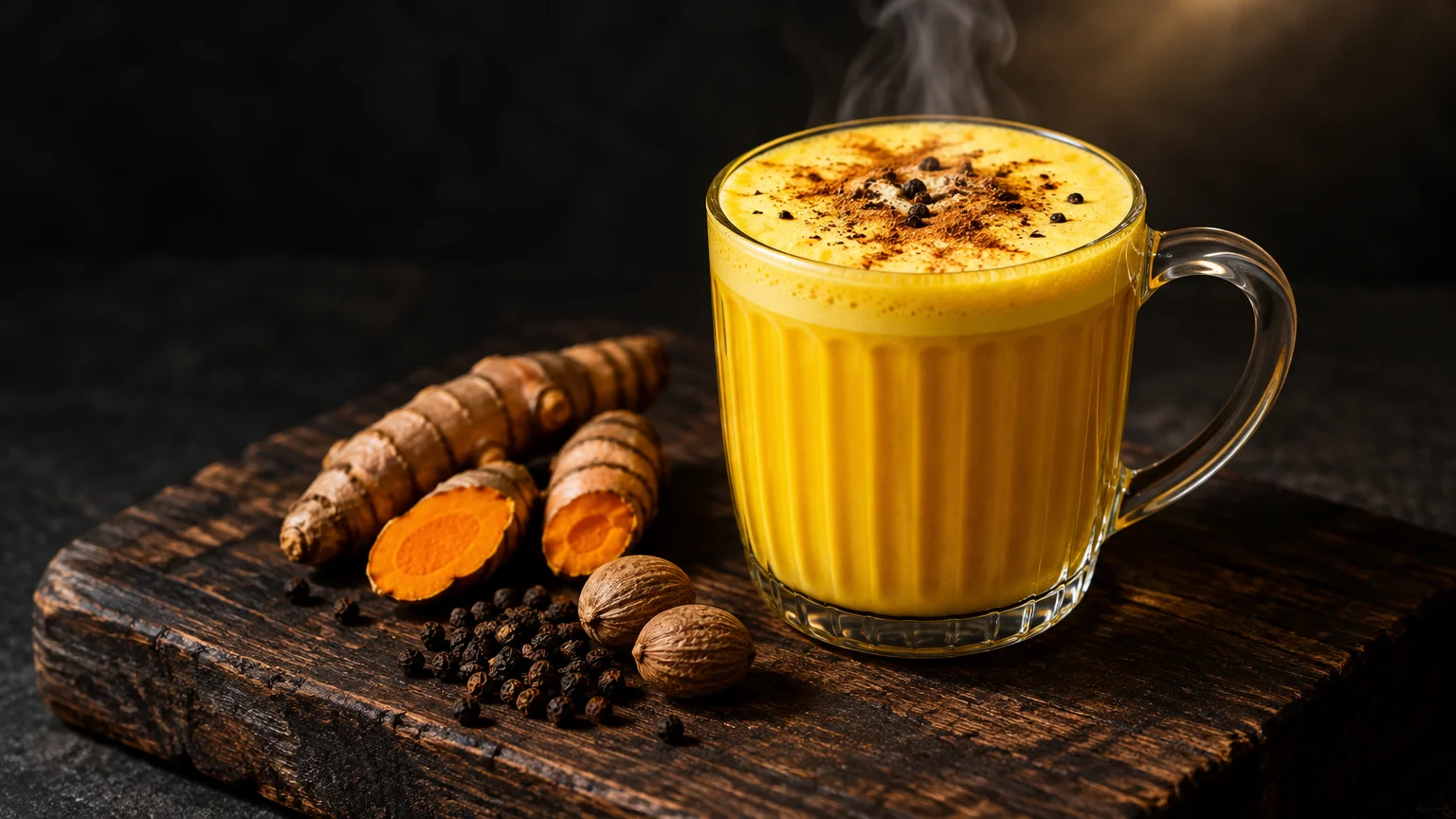 Glass mug of yellow golden milk with spice toppings next to sliced turmeric roots, nutmegs, and black peppercorns.