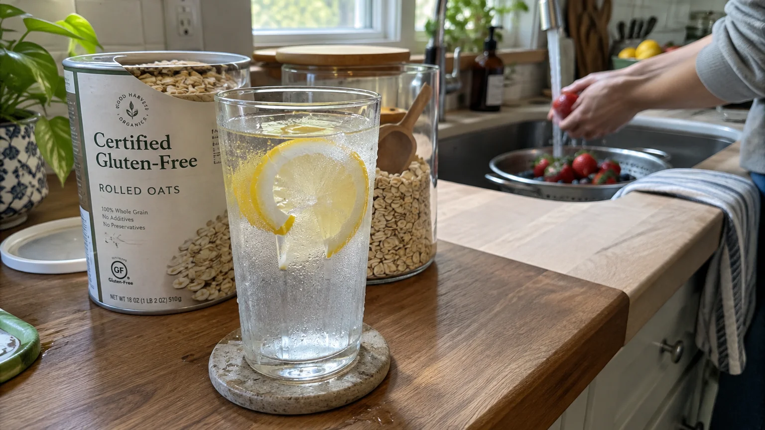 A glass of lemon water next to a container of rolled oats on a wooden kitchen counter while strawberries are washed.
