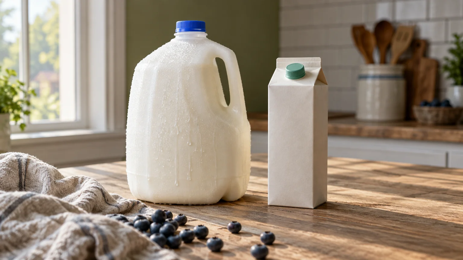 A plastic gallon jug of milk and a small unbranded carton sit on a wooden table beside blueberries and a cloth.